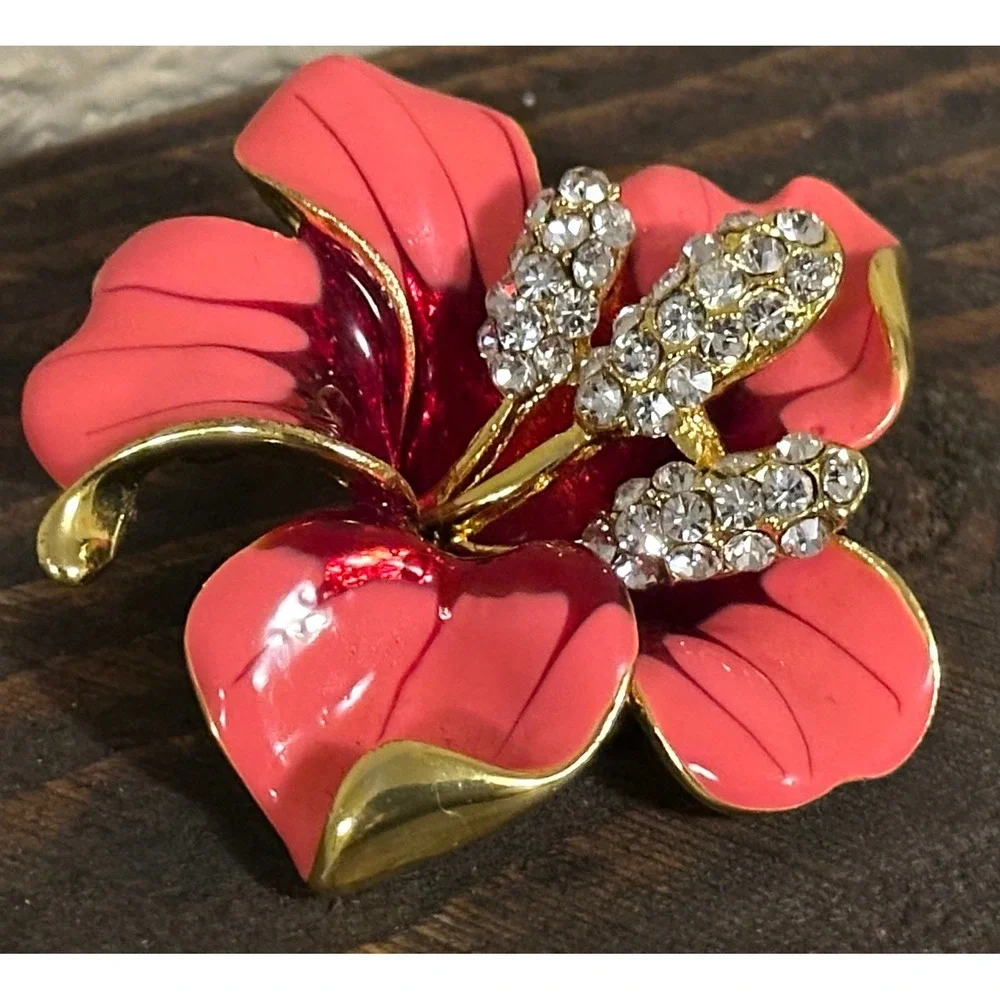 Vtg Hibiscus Flower Brooch Coral Pink Red Enamel Rhinestone Gold Tone Floral Pin